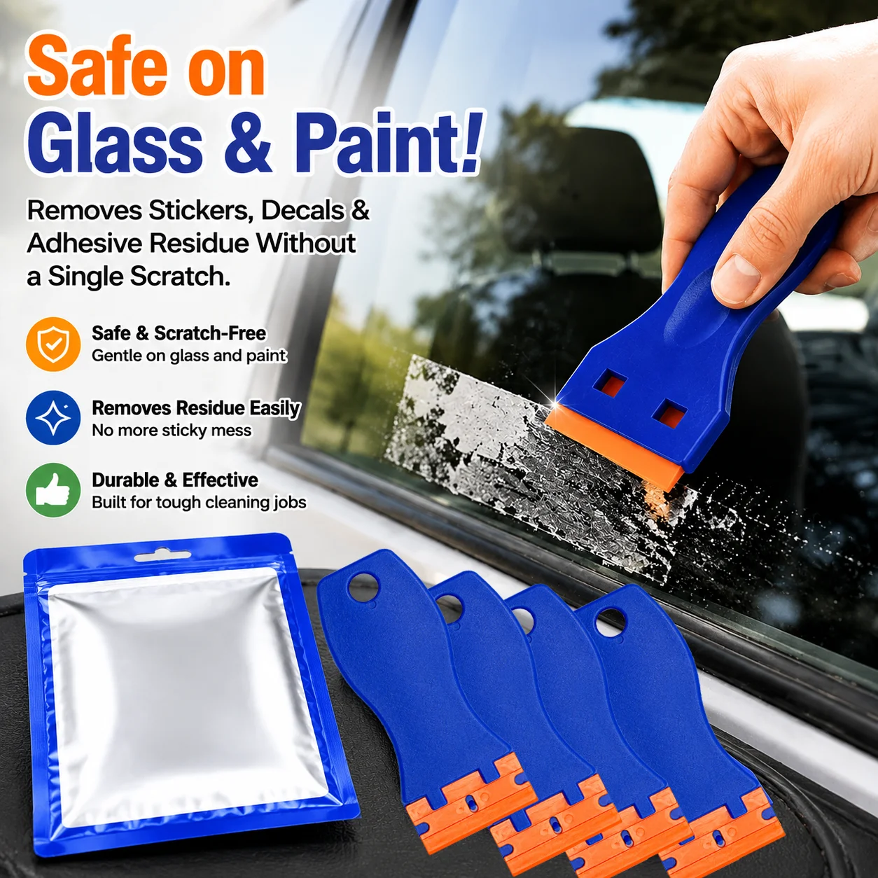 5-piece plastic scraper tool set with storage bag, multi-purpose sticker remover and kitchen grease cleaner, won't scratch.