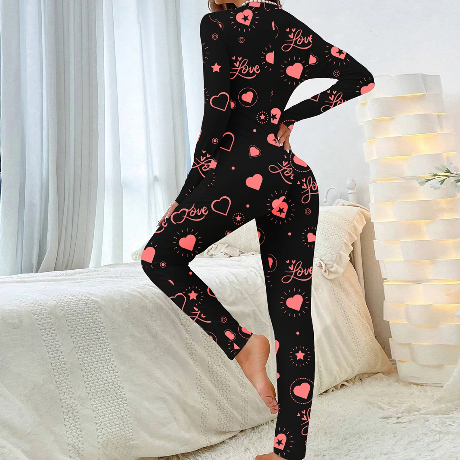 Women\'s Bodycon Pajamas Bodysuit Valentine\'s Day Heart Print Long Sleeve V-Neck Front Button Down Jumpsuit Loungewear Sleepwear