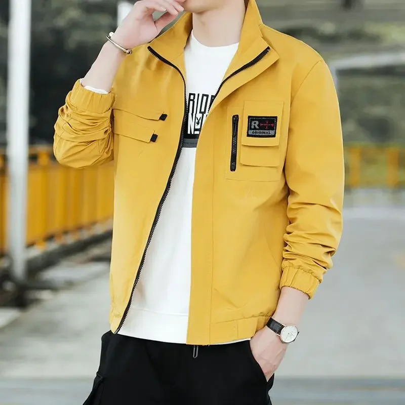 LIBIELIY Fashion Stand Collar Spliced Zipper Pockets Printed All-match Jackets Men's Clothing 2025 Autumn Loose Casual Tops Kore