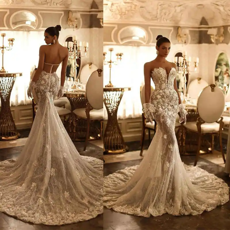 

Luxury Strapless Wedding Dresses Lace Appliques EmbroiderOn Net Mermaid Plus Size Bridal Gowns Princess Dress Customized