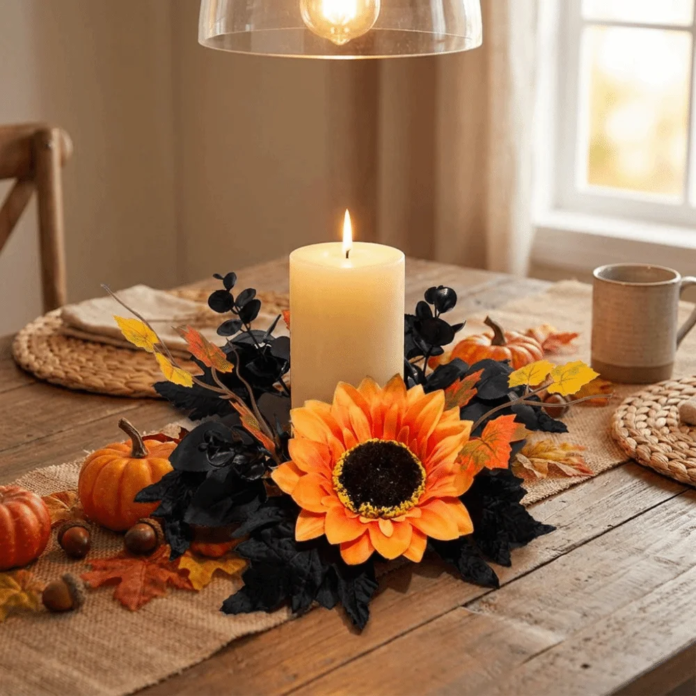 Halloween Theme Maple Leaf Candle Holder Wreath Festive Candlestick Wreath Candle Wreath Ring Handmade Pillar Ring Wreath