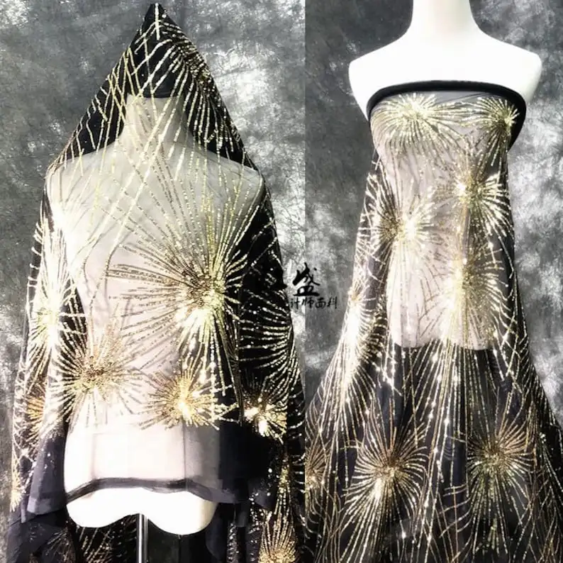 

Gold Sequin Embroidery lace fabric Gold Sequin black tulle fabric For Wedding Dress Bridal dress or Party Dress, Evening Dress
