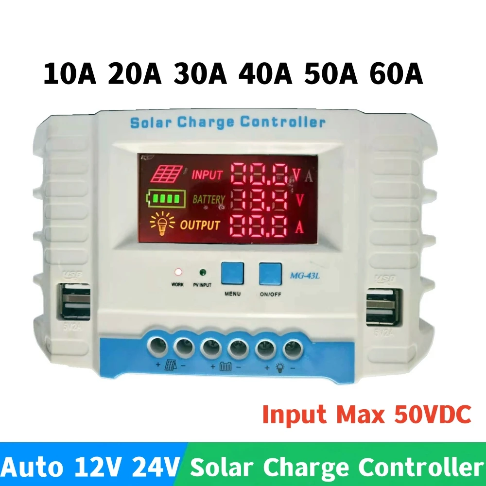 12V 24V Solar Charge Controller 10A 20A 30A 40A PWM Solar Panel Charge Discharge Regulator Colorful LCD Display 4 USB Port