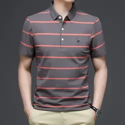 Koreon-Polo de manga corta a rayas para hombre, con fondo Camisa de algodón, solapa informal para jóvenes, Tops de negocios holgados de secado rápido a la moda, novedad de verano