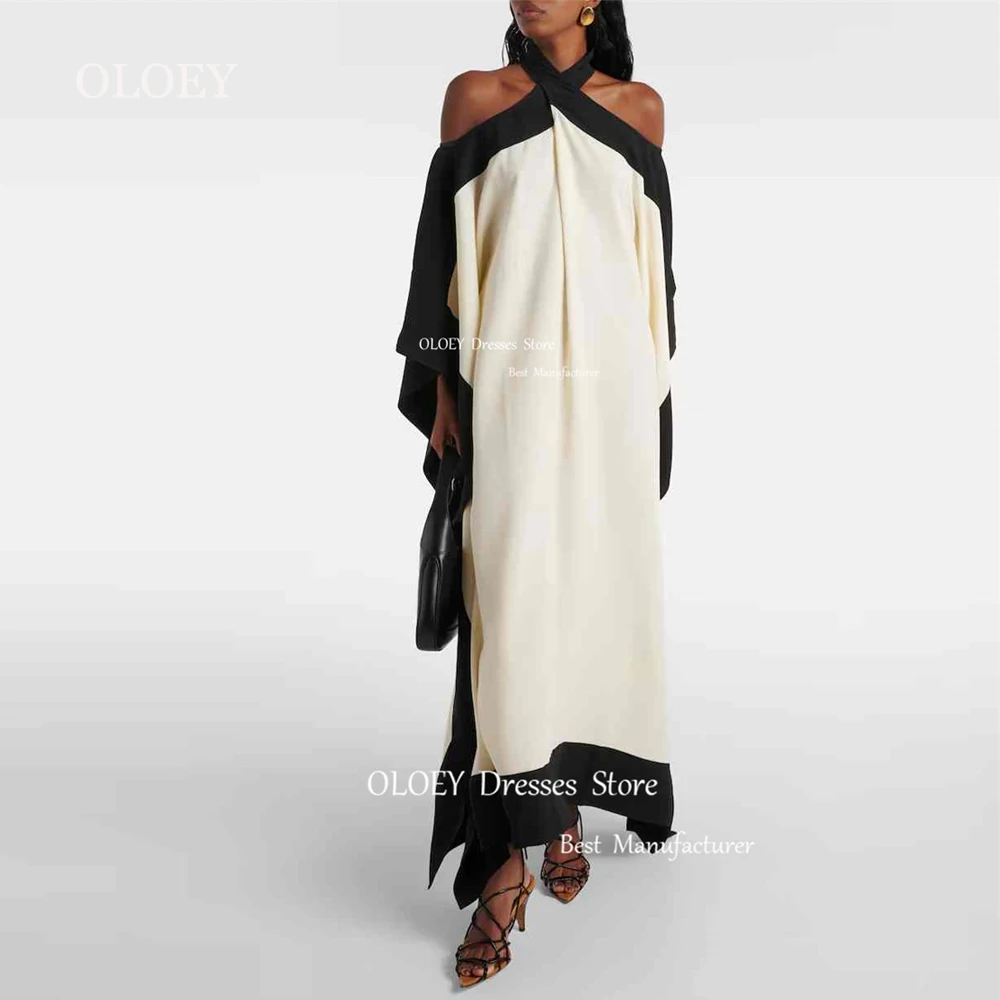 

OLOEY Arabic Modest Straight Halter Evening Dress Long Cape Sleeves Wedding Party Dress Ankle Length Custom Made Black Ivory