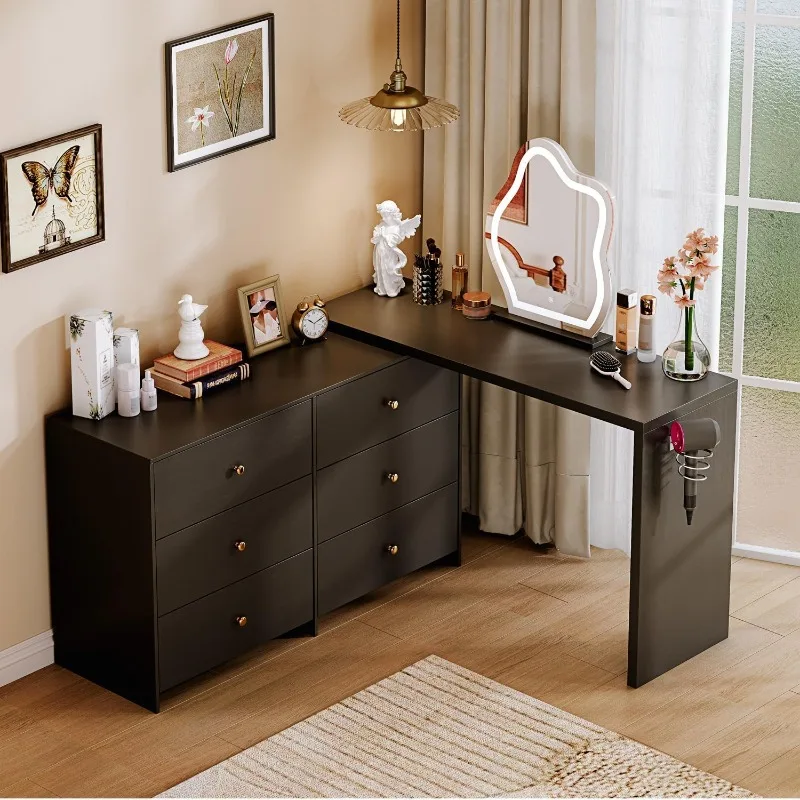 

Modern Corner Makeup Vanity Table,with LED Mirror and 6 Spacious Drawers,with Cabinet Retractable Dressing Table Laptop Writing