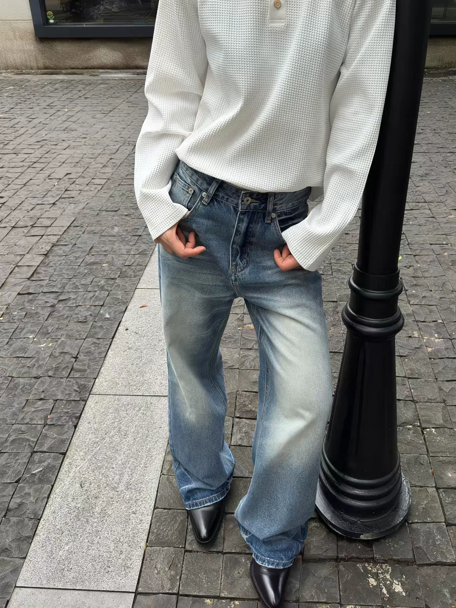 Calças Jeans de Perna Reta Feitas à Mão, Azul Lavado, Vintage  02, Calças de Denim para Homens e Mulheres, Algodão, Sem St...