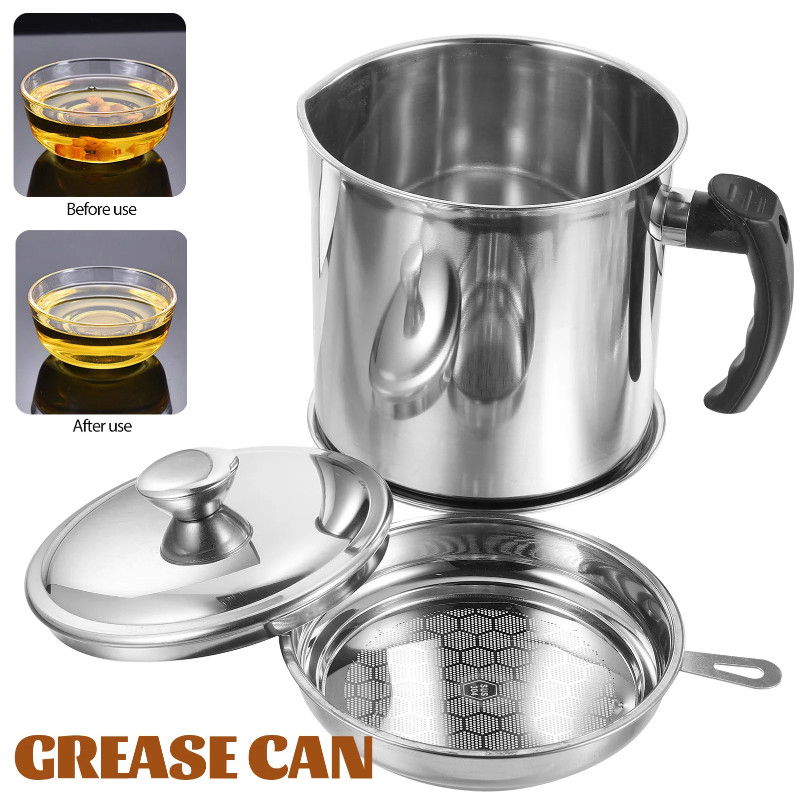 

1 set 1 Set Stainless Steel Grease Container Large Storage Pot Kitchen Oil Canister Oil Strainer Grease Filtering Cup High Temp