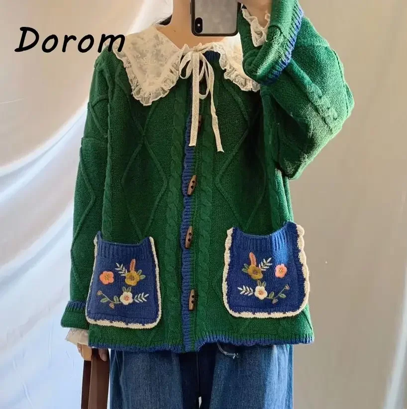 Vintage Mori Girl Embroidery Green Knitted Cardigan Women Autumn Korean O-neck Jacquard Sweater Coat Casual Loose Knitwear Tops