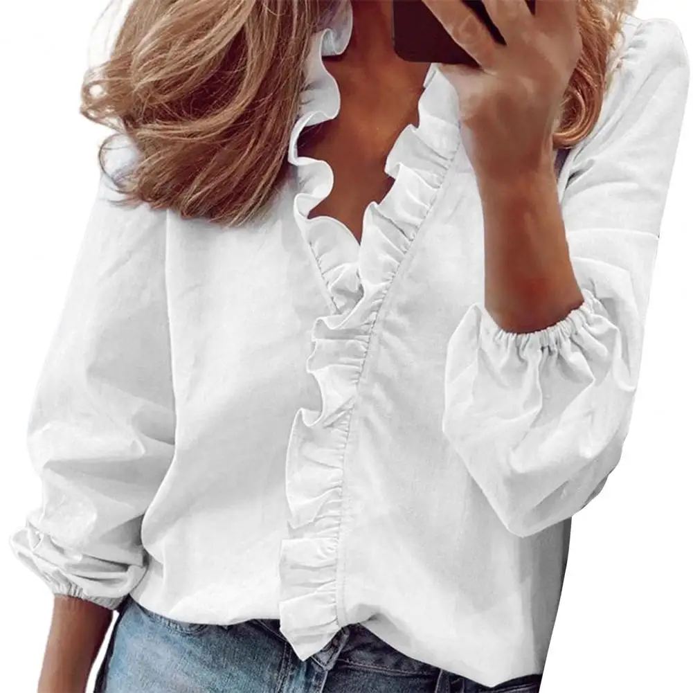 Office Lady Shirt Solid Color Ruffles Spring Summer Women Top Temperament Elastic Cuff Blouse Streetwear Camisa For Daily Wear