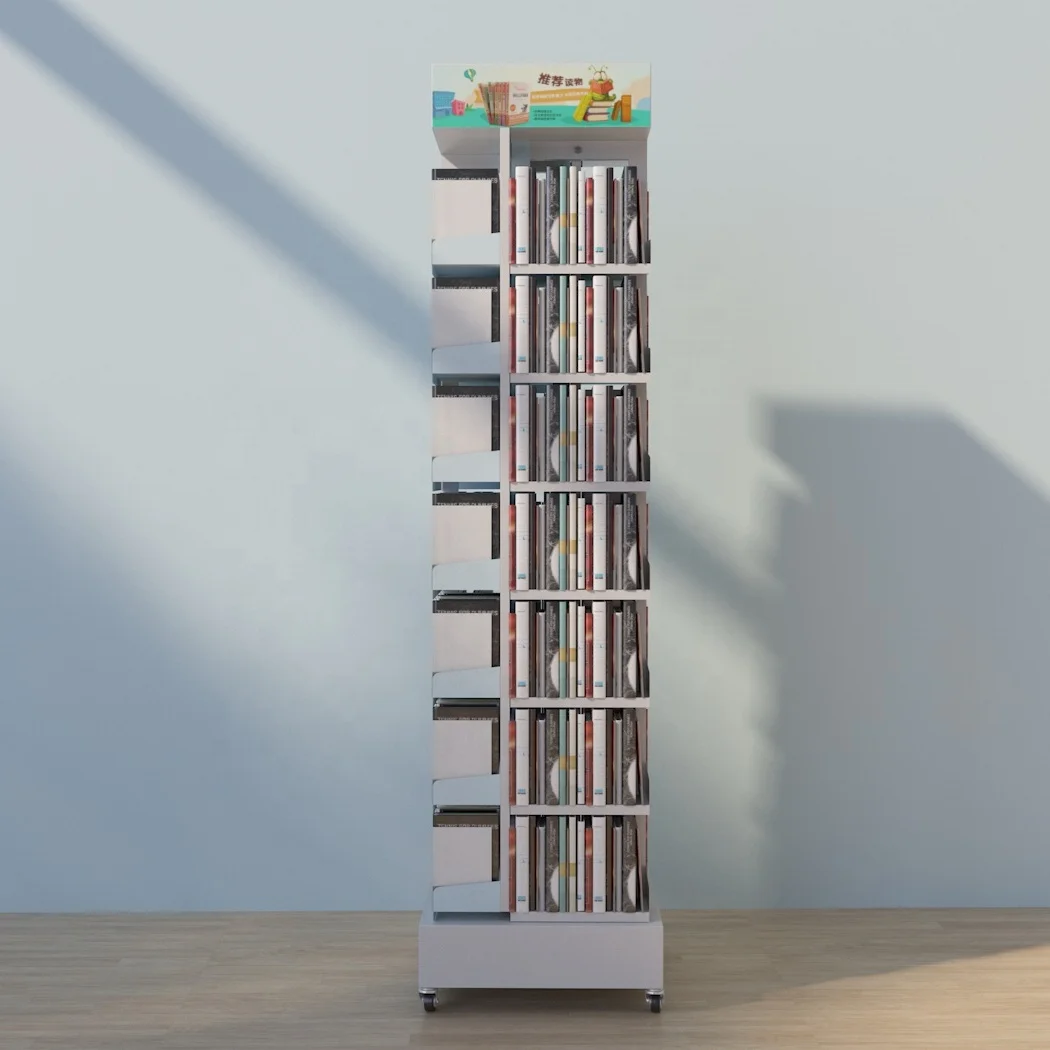 Custom Home 4 Sided Bookshelf Store Retail Kid Comic Coloring Note Book Magazine Album Metal Rotating Display Stand Rack