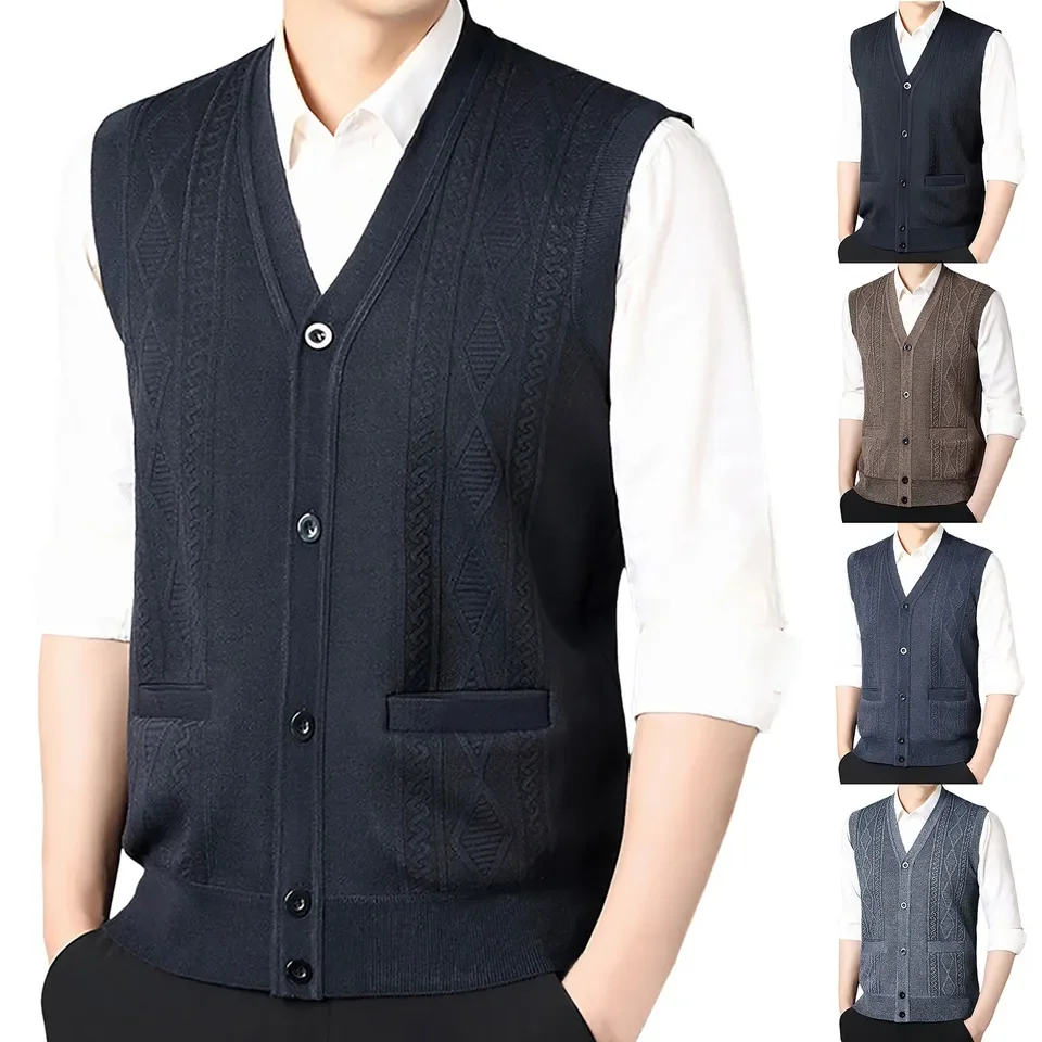 Men'S Solid Color Breathable Vest Shirt Men'S Plaid Knitted Cardigan Plus Velvet Men'S Loose Men Sweaters For Fall And Winter