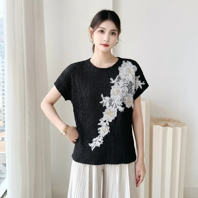 Miyake Pleated T-Shirt 2026 Summer New Simple Fashion 3D Embroidery Lace Elegant Women's No-Iron Stretch Short Sleeve Fold Top