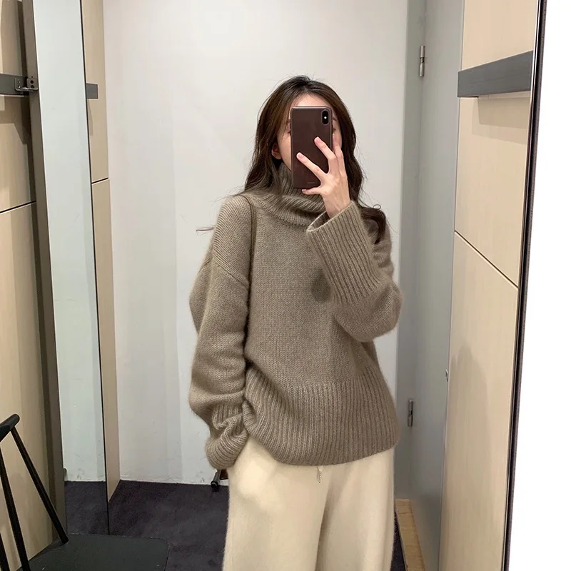Nieuwe vrouwen wollen trui hoge kraag trui herfst winter 100% merinowol gebreide kleding vrouwelijke populaire losse kleding tops