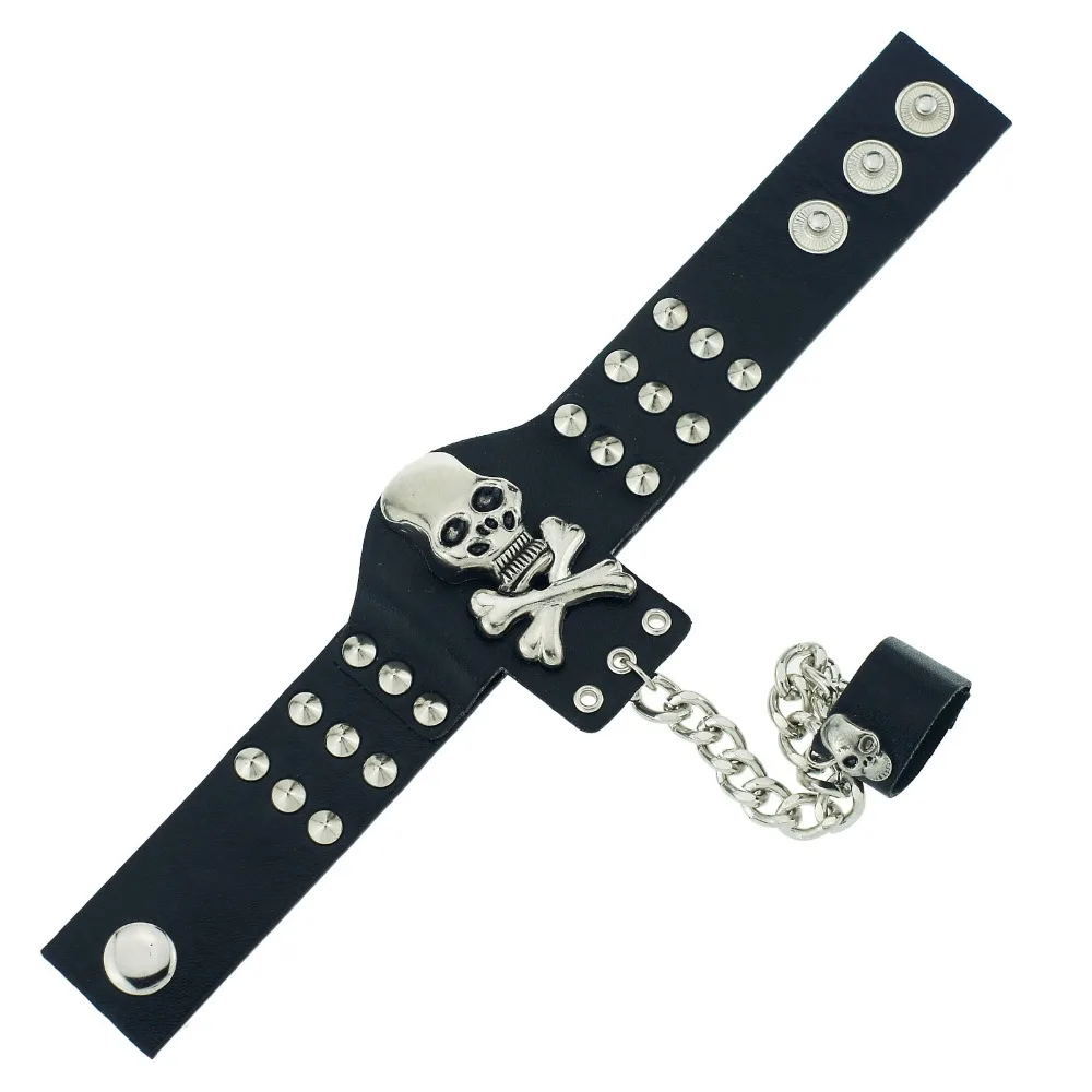 Gothic Skeleton Skull Chain Link Rock Rivet  Cuff  Black Leather Punk Unisex  Fashion Bangle Bracelet S054 image 3