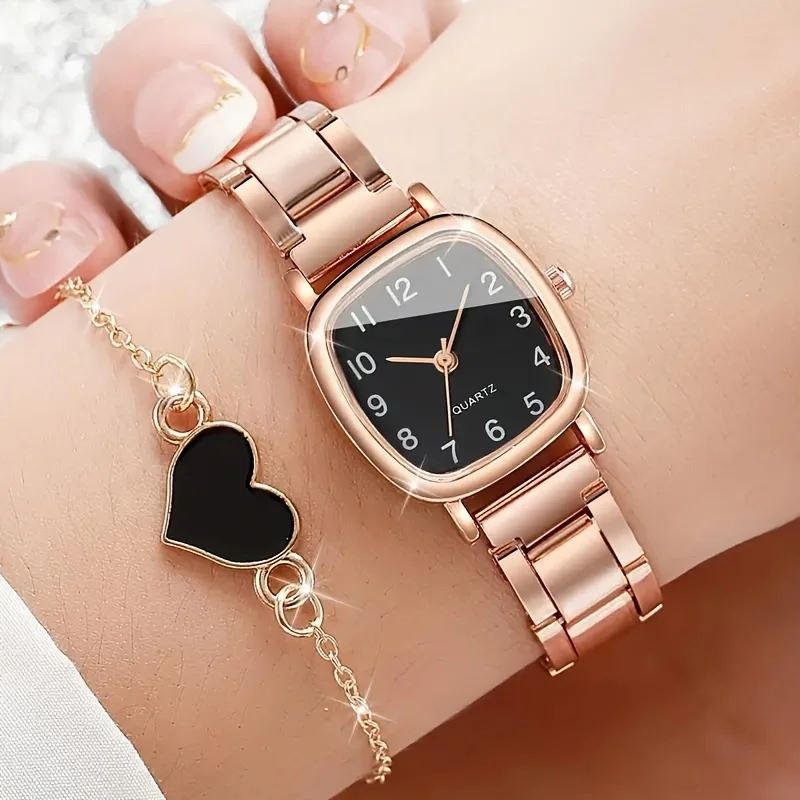 2pcs Rose Black Square Quartz Watches Alloy Case and Heart Shape Bracelet, Valentine's Day Gifts for Her