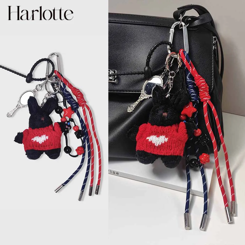 

Cute Black Rabbit Plush doll Bag Charm Mini Mirror Keychain Handmade Rope Accessory for Bags