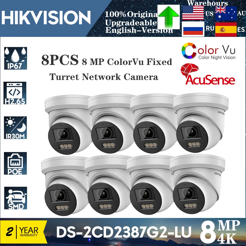 

8PCS Original Hikvision DS-2CD2387G2-LU 8MP ColorVu 24/7 Colorful lmaging Fixed Turret Network IP67 Camera Built-in Microphone