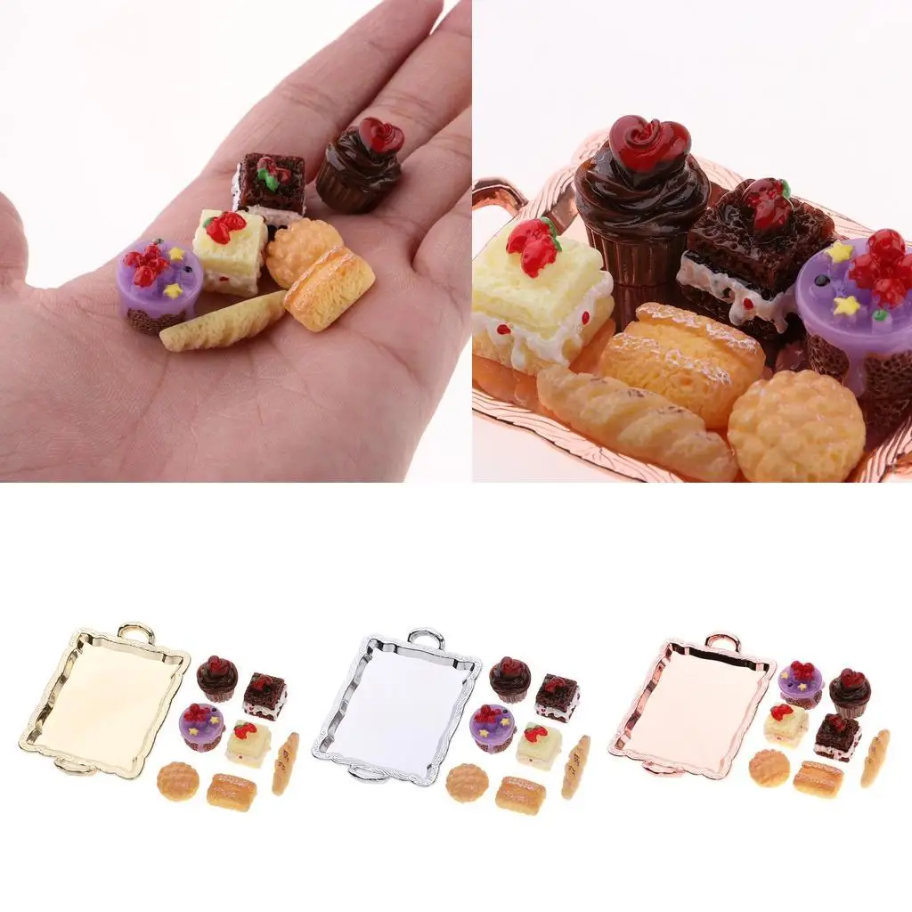 Poppenhuis miniatuur voedsel, 1/12 taart en brood bordenset, poppenhuis woonkamer keuken tafel decor ornament
