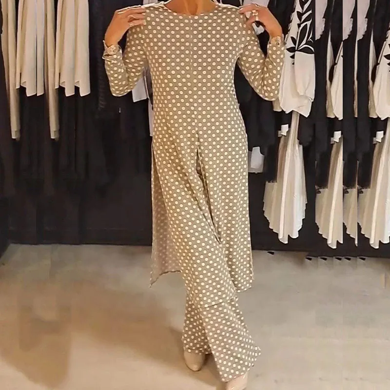 Fashion Round Neck Slit Long Top & Long Pant Set Women Casual Long Sleeve Loose 2Pc Outfit Elegant Polka Dot Print Commuter Suit