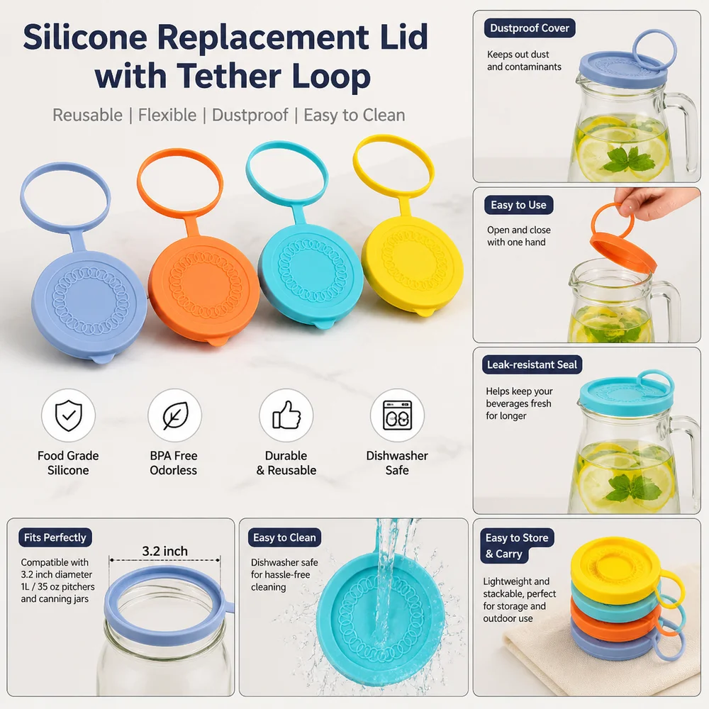 Reusable Silicone Replacement Lid Flexible Fit 35oz Volume Jar Replacement Cover Tether Loop 3.2inch Canning Jar Lid