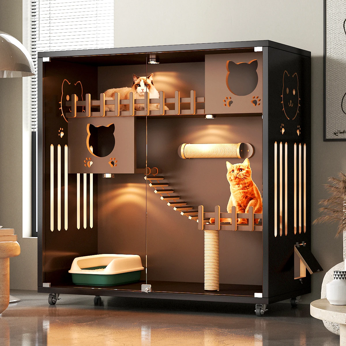 

Panoramic Light Luxury Cat Villa Home Large Pet Indoor Cat Cage House Cabinet Wood Cat Villa Cage