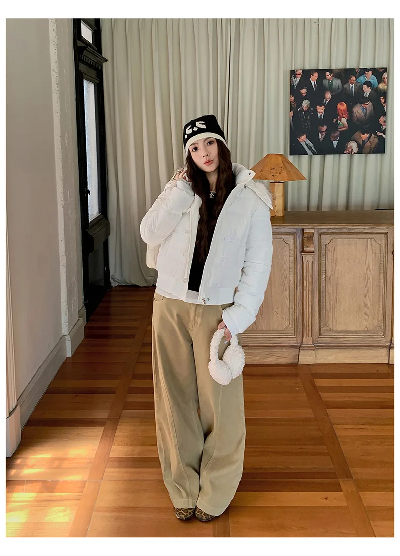 Women Short Parkas Coats Hooded Overcoats Solid Fur Collar Zipper Long Sleeve Loose Thick Casual Office Lady Autumn Winter 2025