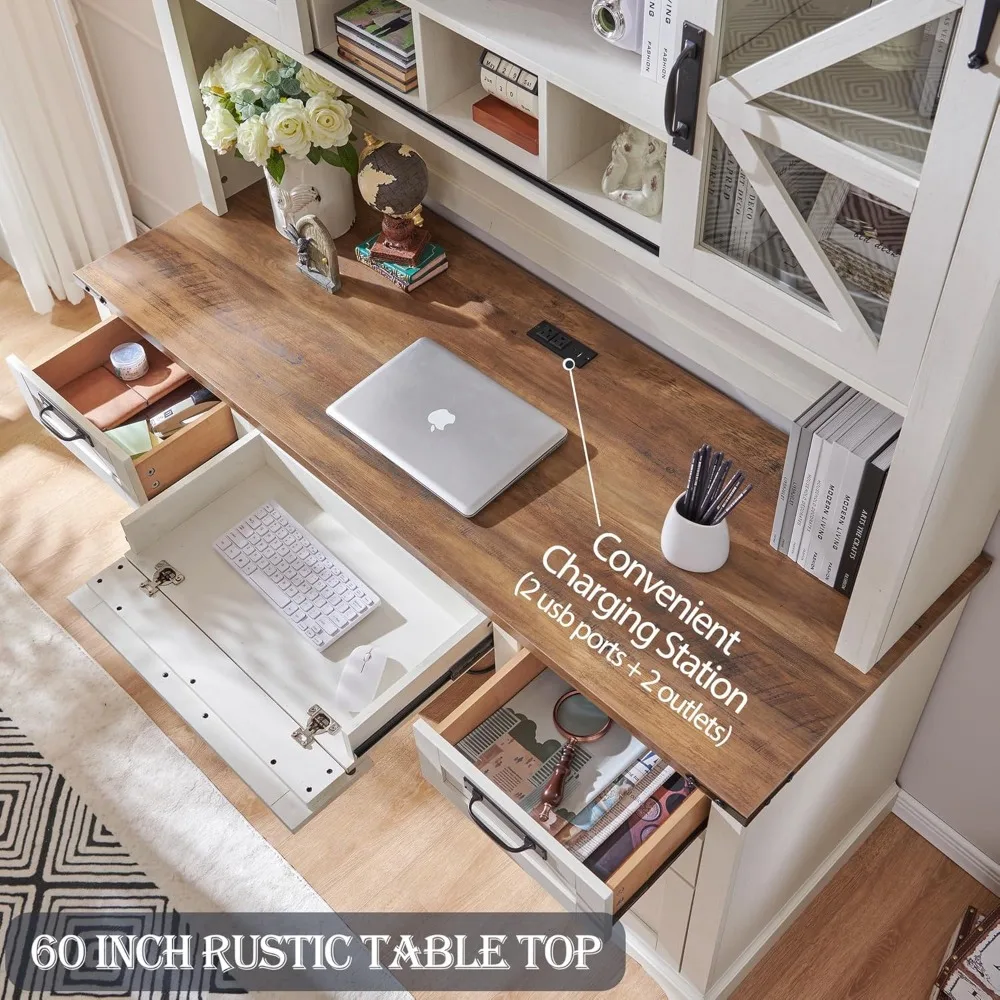 مكتب مزرعة مقاس 60 بوصة مزود بخزانة، مكتب تنفيذي خشبي للمكتب المنزلي مع درج، محطة شحن، صينية لوحة المفاتيح، درج الملفات، Stora #4