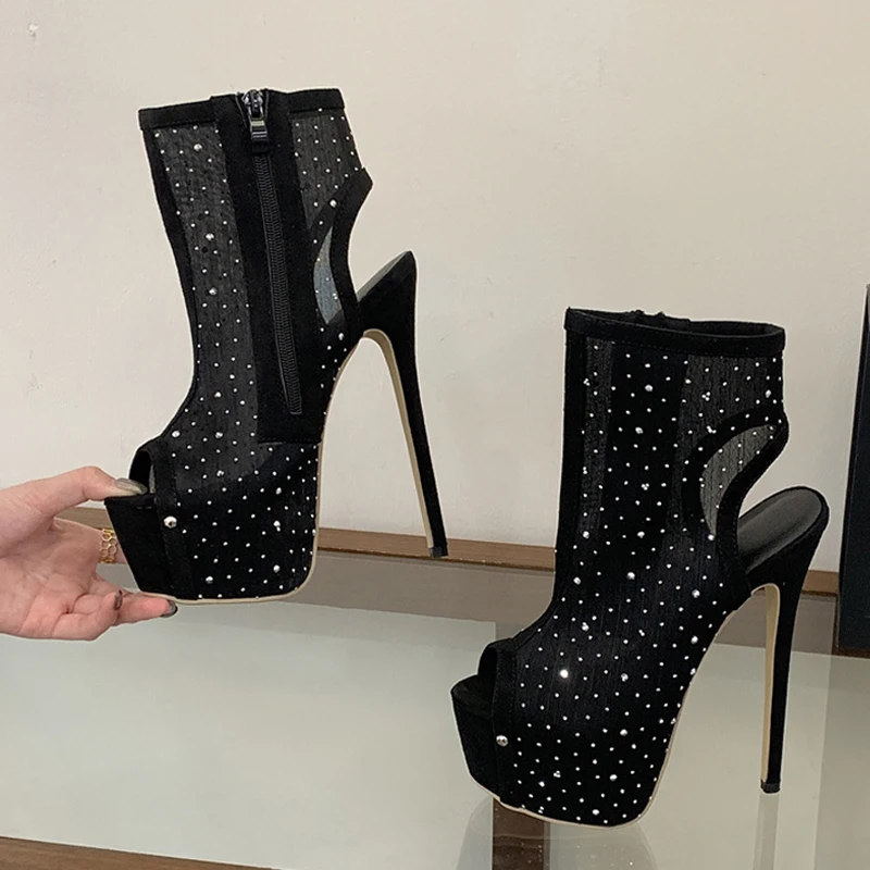 Liyke Hollow Out Crystal Mesh Ankle Boots Women Sexy Peep Toe Super High Heels Stripper Pole Dance Shoes Platform Booties Mujer