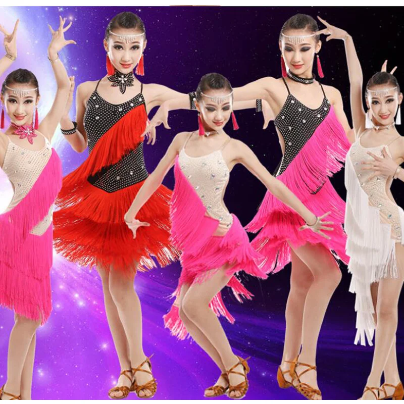 

Teenage Girls Tassels Ballroom Dance Clothing Latin Dress Kids Salsa Competitions Costumes Girls Figure Skating Dress