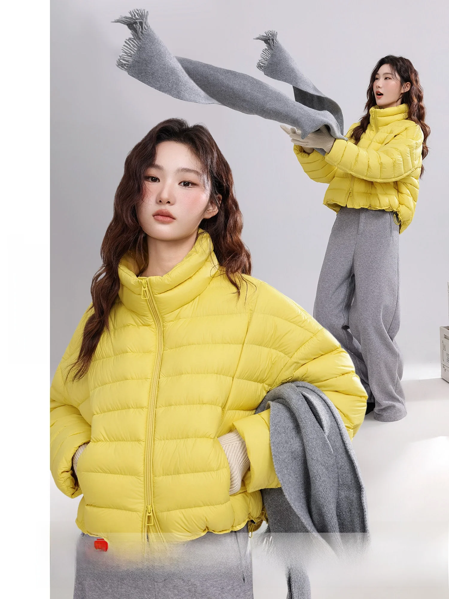 

Теплое желтое пуховое пальто с воротником-стойкой в ретро-стиле для женщин: универсальная верхняя одежда для зимнего сезона, модная и легко сочетающаяся.