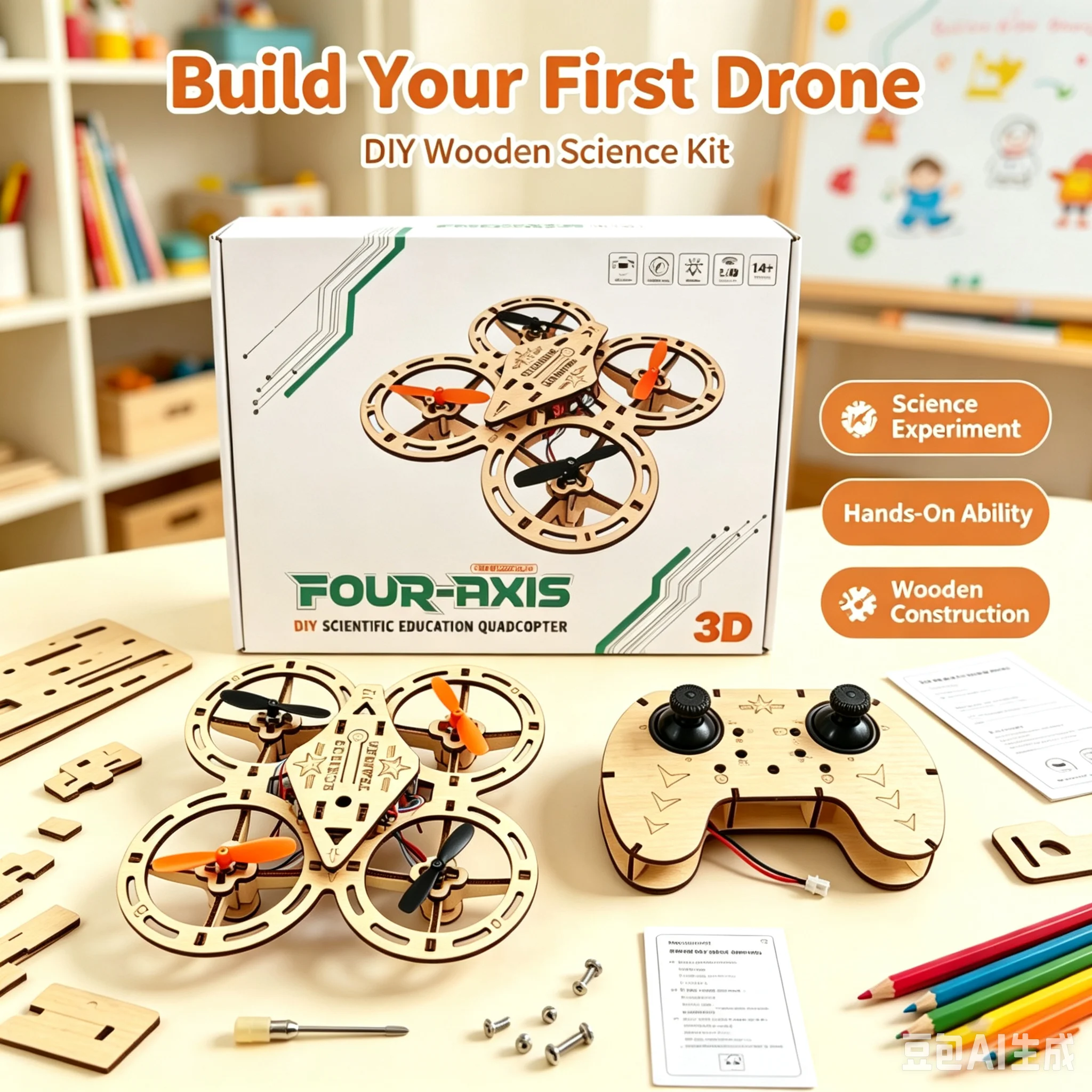 DIY Wooden STEM Puzzle Drone Kit, Remote Control Airplane Toy & Science Experiment Assembly Set for Kids