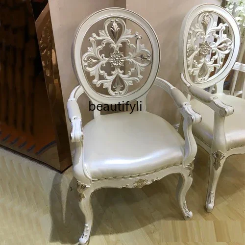 

A26 European solid wood dining chair French pearl white champagne gold fabric armrest double-sided engraved chair