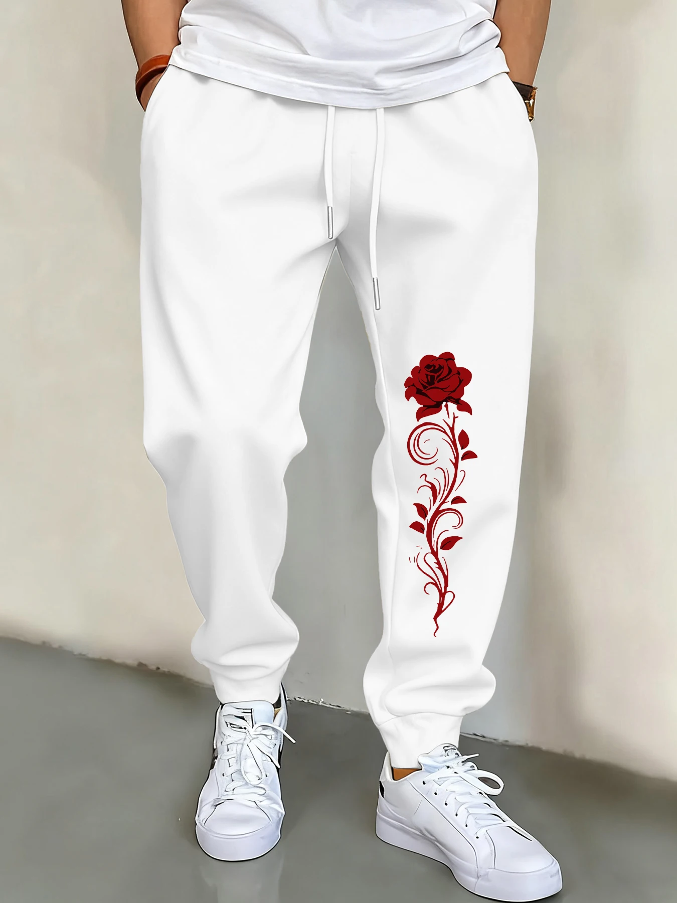 

Beautiful Red Rose Printed Man'S Sweatpants Autumn Casual Basic Pant Versatile Pocket Fashion Trousers Trendy Street Pants Male