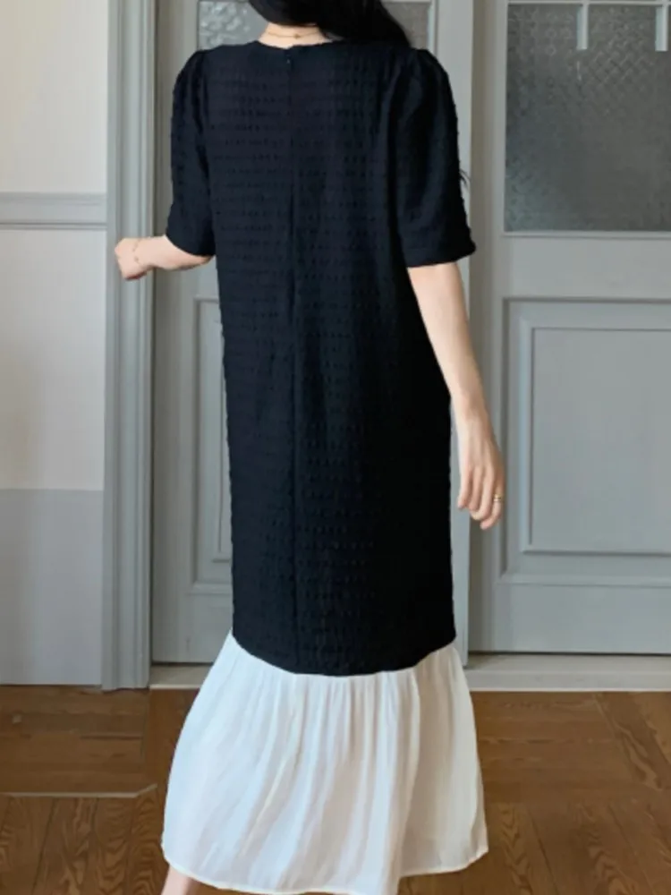 فستان نسائي كوري صيفي جديد من فيستدوس رداء Elbise فضفاض مقاس كبير وأكمام قصيرة مرقعة بحاشية من الساتان فستان طويل #3