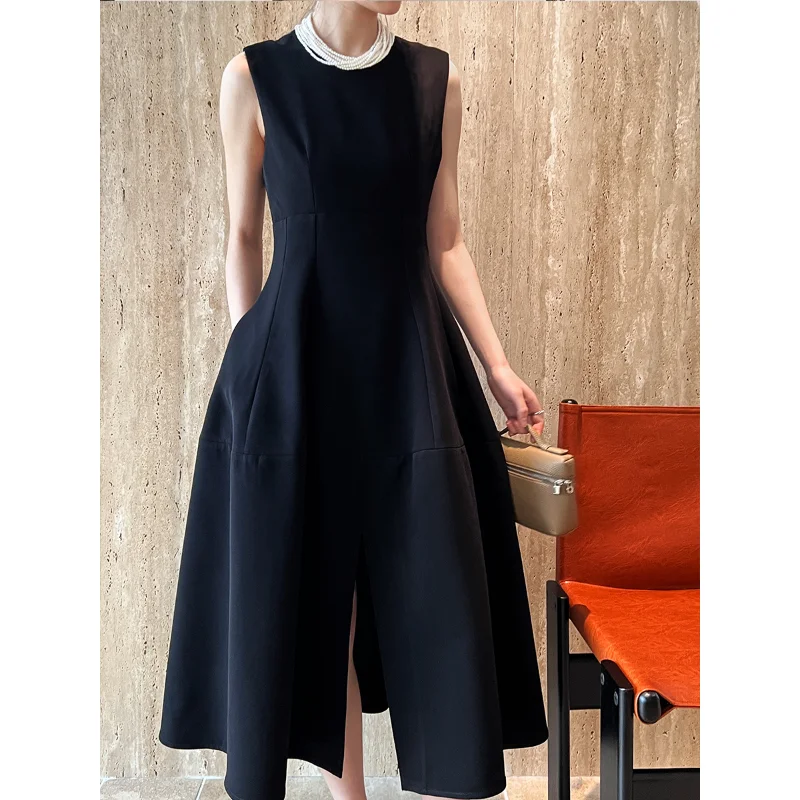 

Hepburn Sleeveless Elegant Black Dress Women Fashion Simple Silhouette Waist Hem Split Wedding Dinner Sleeveless Vest Dress