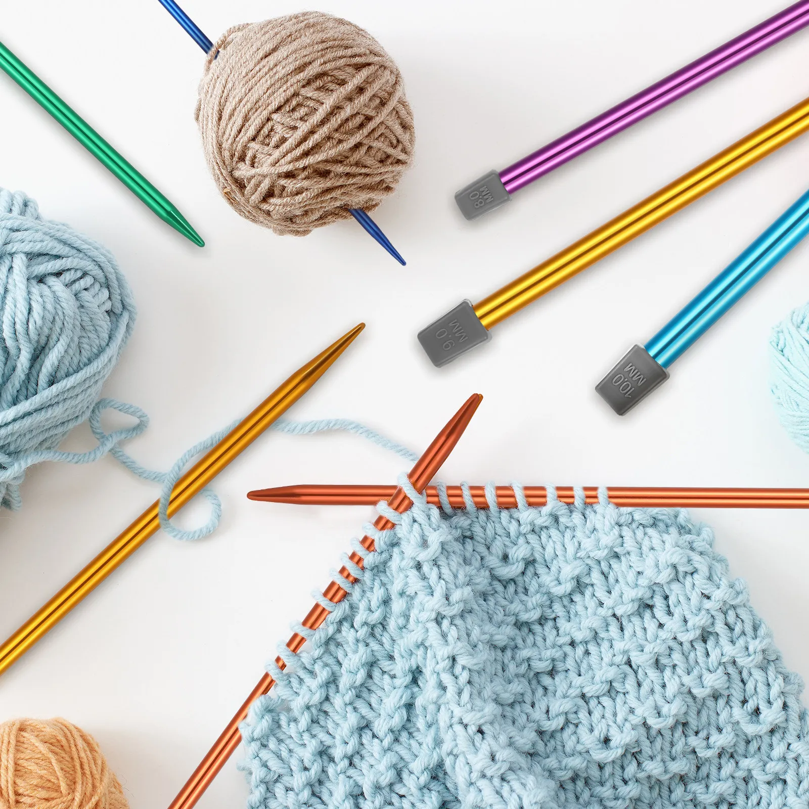1Set Aluminum Single Pointed Knitting Needles Colorful Lightweight for DIY Sweaters Scarves Hats Metal Needle Set for Beginners