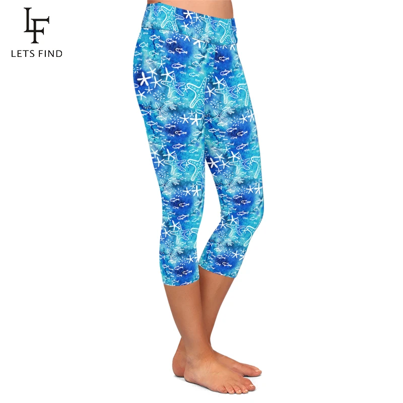 LETSFIND-mallas Capri elásticas de cintura alta para mujer, leggings con estampado de estrellas de mar y peces dibujado a mano en 3D, Sexy, Fitness,