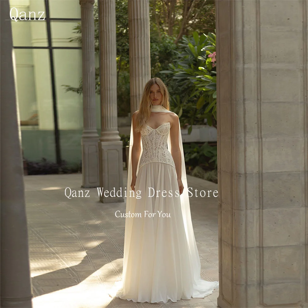 Qanz boêmio laço vestido de casamento marfim chiffon espartilho voltar vestidos de noiva 2 peças querida vestido de novia boda personalizado