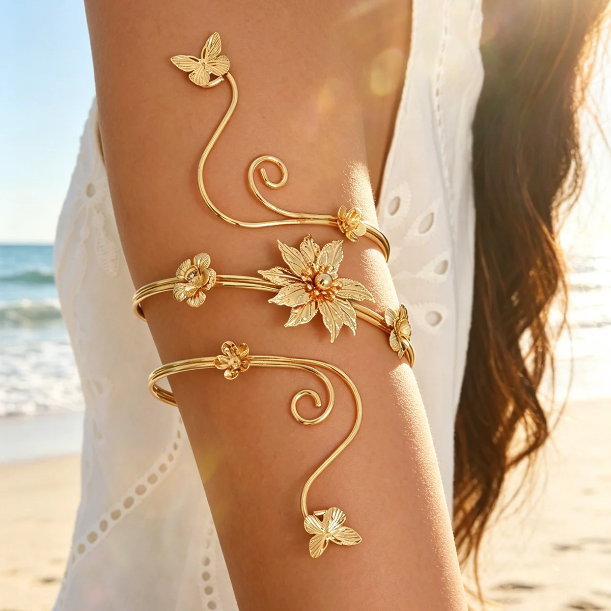 Women Romantic Floral Butterfly Arm Cuff Gold Plated Vine Swirl Multi Layer Wrap Arm Band Adjustable Party Vacation Accessories