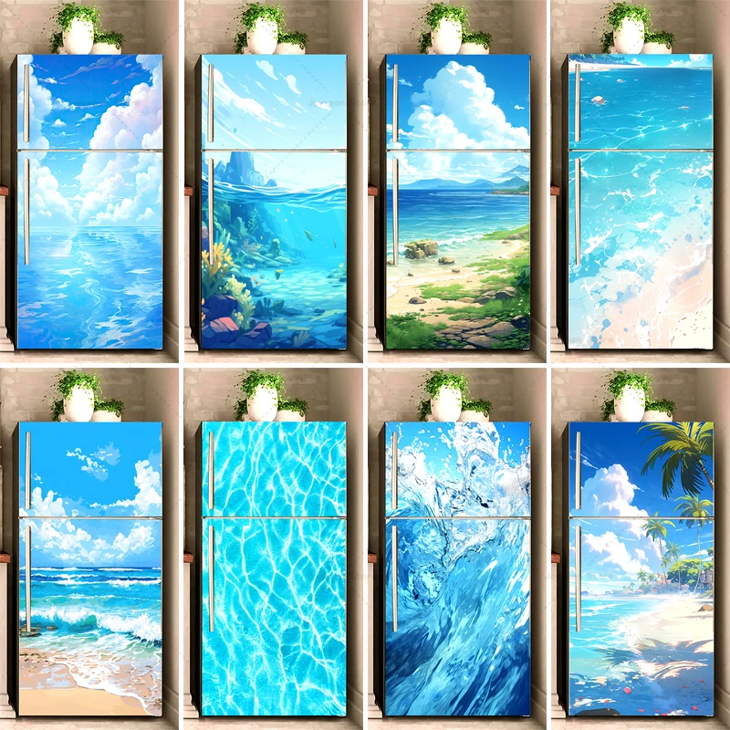 

Summer New Blue Sea Water Refrigerator Magnet Seaside Oil Painting Scenery Decoration Poster Mural PVC Waterproof Decal