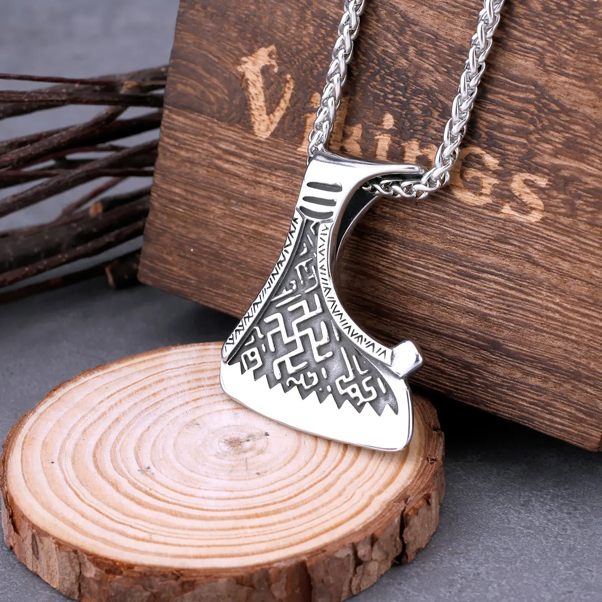 Stainless Steel Vikings Axe Rune Necklace Men's Fashion Slavic Amulet Charm Pendant Necklace Hip Hop Biker Nordic Male Jewelry