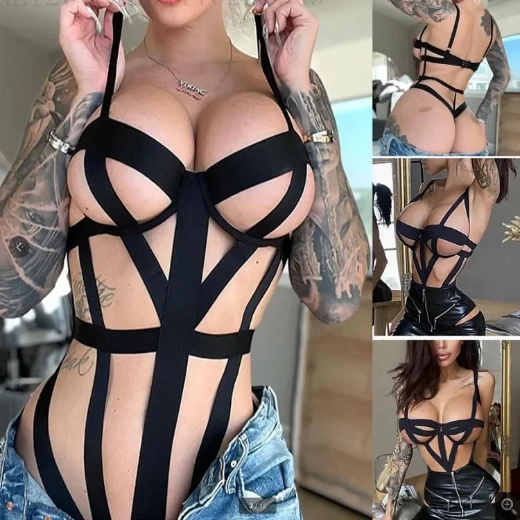 نجمة الملابس الداخلية الساحرة القوطية البدلة الجوف خارج الملابس الداخلية النسائية Strappy الصليب ارتداءها كبير الصدر مفتوحة المنشعب ارتداءها