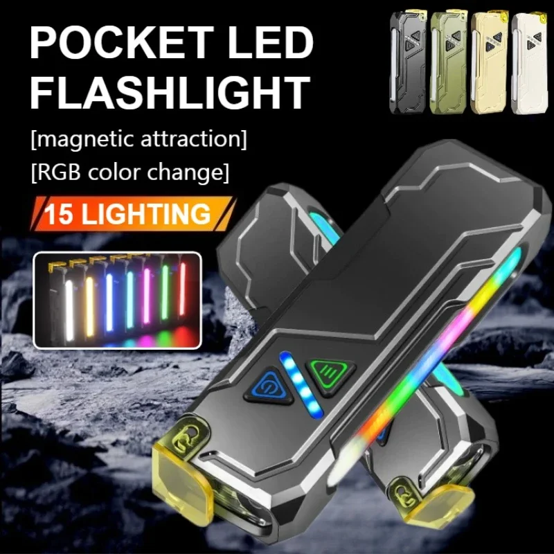 

Светодиодный рабочий фонарь RGB, перезаряжаемый магнитный фонарик из алюминиевого сплава, 15 режимов освещения, многофункциональный портативный УФ-свет для кемпинга