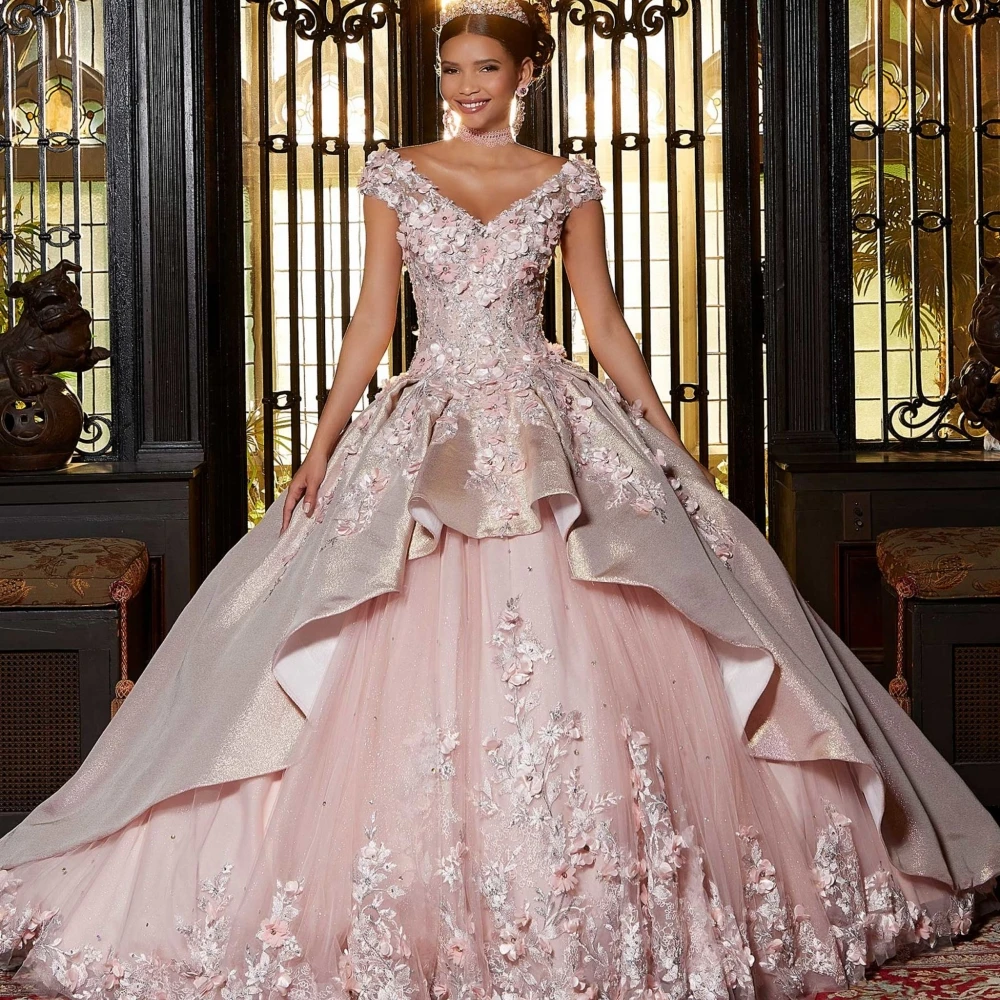 Belle robe de Quinceanera à fleurs 3D, robe de Rhà paillettes kly, robe de princesse classique, longue et douce, robes éducatives de 16 ans