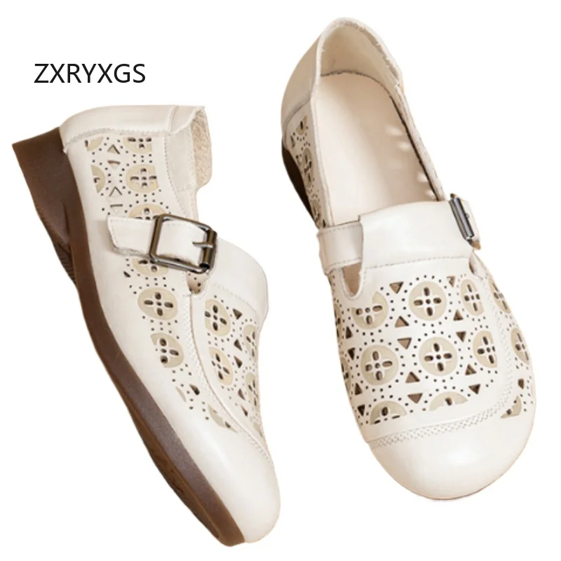 

ZXRYXGS Hot Selling Genuine Leather Hollow Single Shoes Women Flats 2026 Spring Summer Breathable Sandals Fashion Casual Shoes