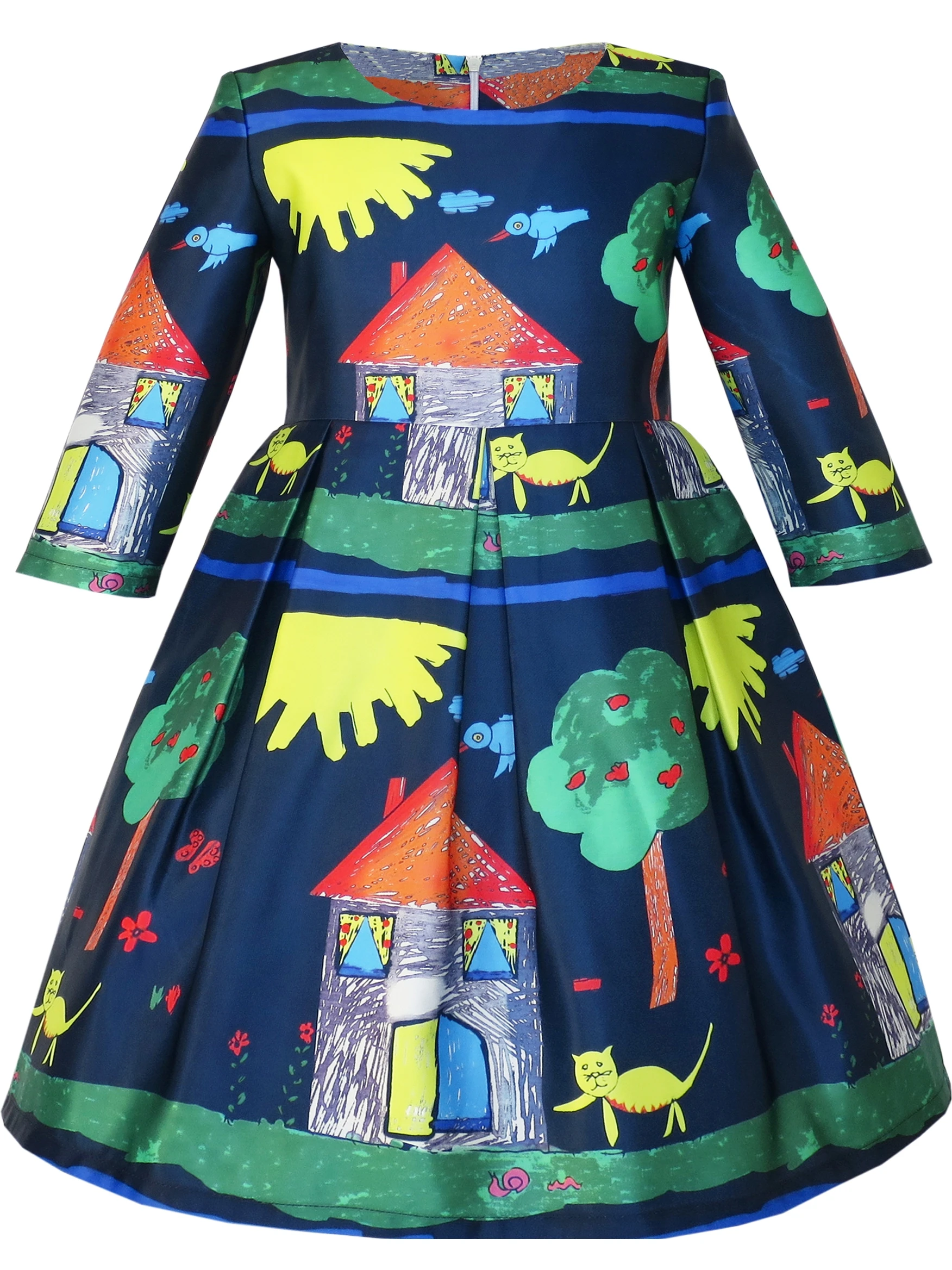 Girls Dress Satin Butterfly Hydrangea Flower Printed