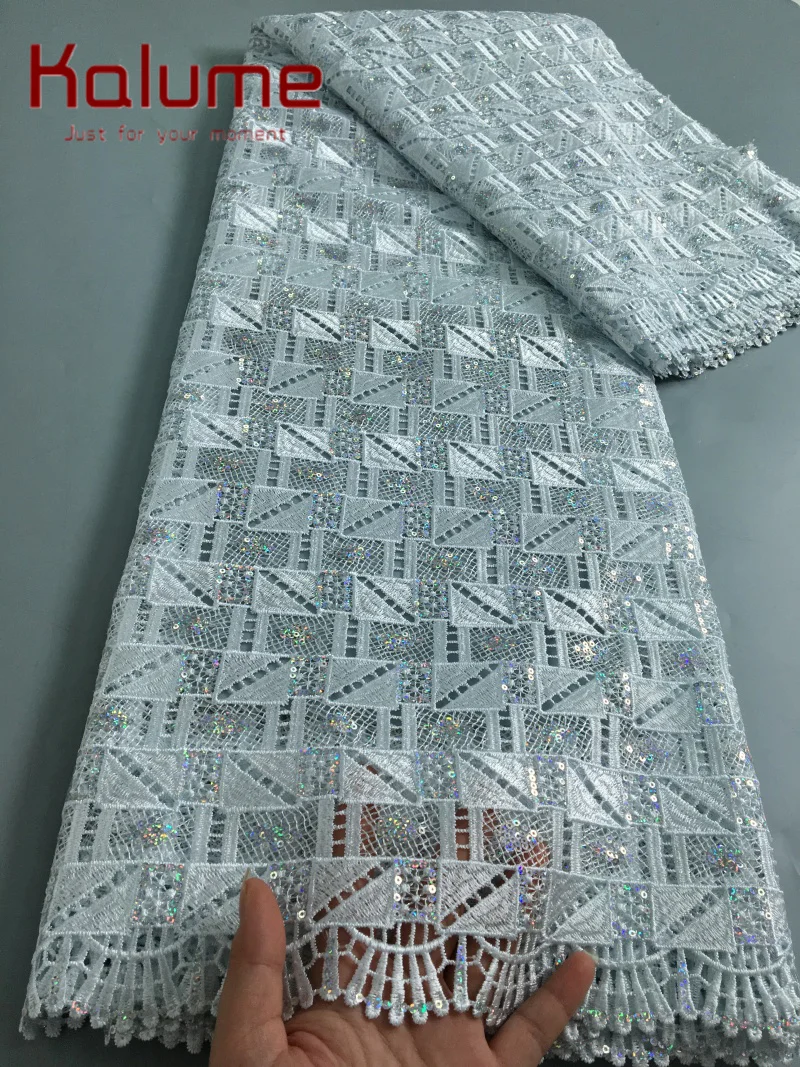 White Guipure Lace Fabric with Sequins 2025 High Quality African Nigeria Guipure Cord Lace 5Yards for Sew Evening Dress F4028
