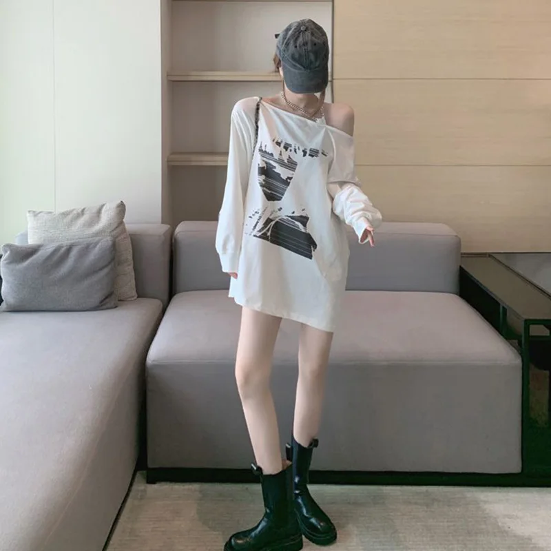 Spring Autumn Off Shoulder Long Sleeve T-Shirts Women Clothes New Fashion Irregular Strapless Chain Trend Mid Length Top Femme