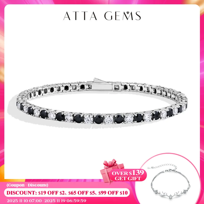 

ATTAGEMS 3,0 мм 4,0 мм теннисные браслеты с муассанитом для женщин и мужчин, стерлинговое серебро S925, круглая огранка, черный, белый цвет, тестер муассанита